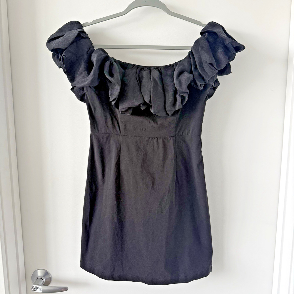 Urban Revivo Black Mini Dress Womens US 8 Ruched Ruffle Off Shoulder linen blend